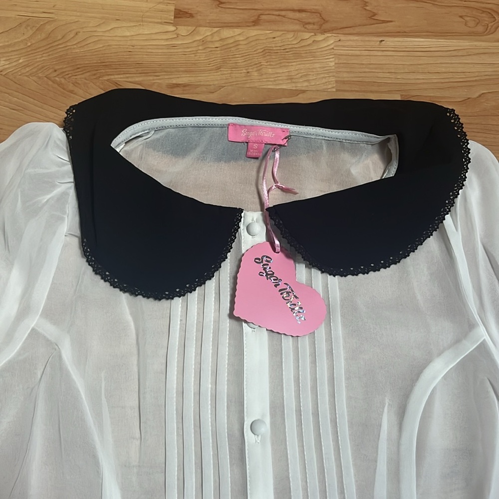 ‼️NWT‼️Dolls Kill X Sugar Thrillz Big Girls Don’t Cry Sheer Blouse Small - Picture 9 of 11